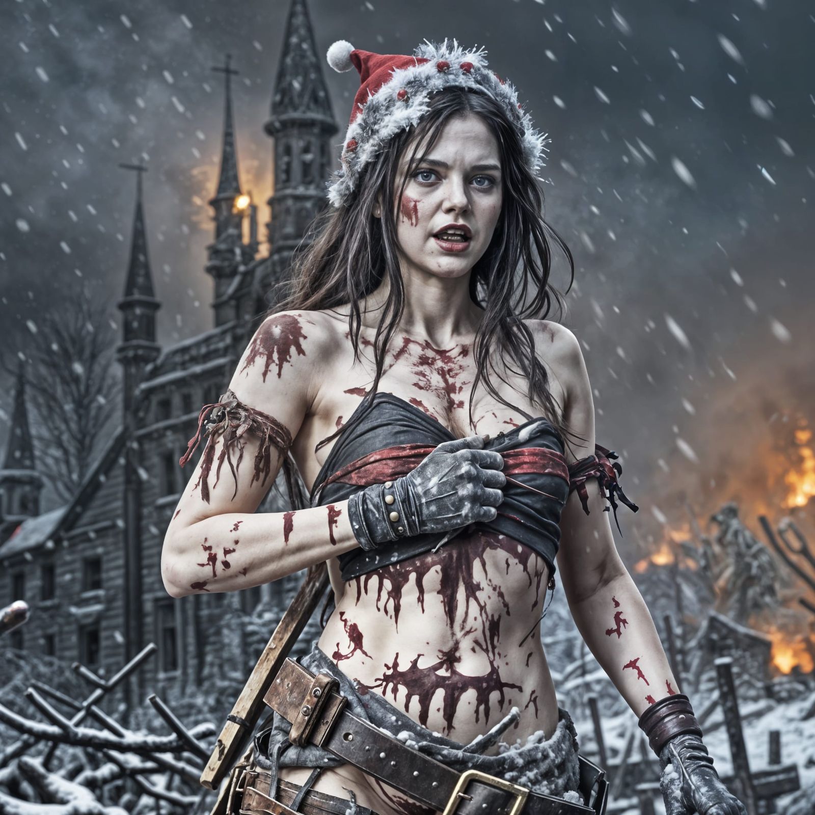 Christmas Zombie Woman in War-Torn Winter Landscape