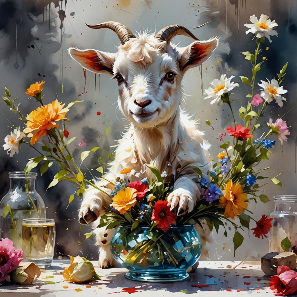 Cute Baby Goat Eats Flowers: Watercolour Painting