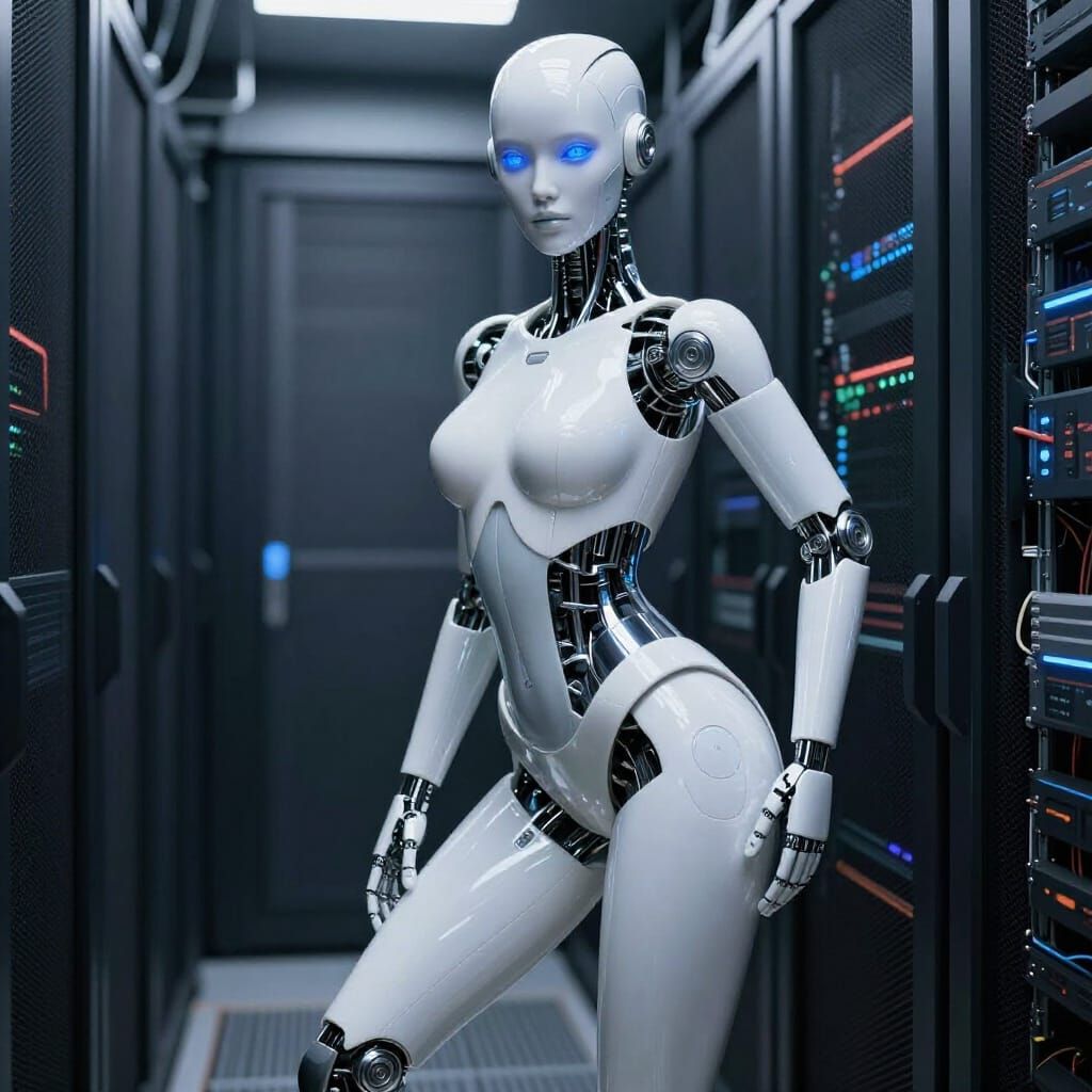 A hyper-realistic, cinematic of a next-generation "Physical AI" humanoid assistant in 2026. The android features a minim...