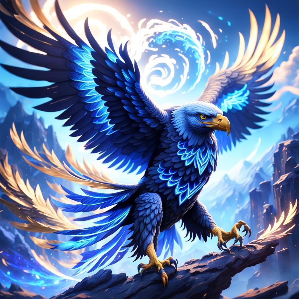Blue Eagle Spreading Magic: Fantasy Art