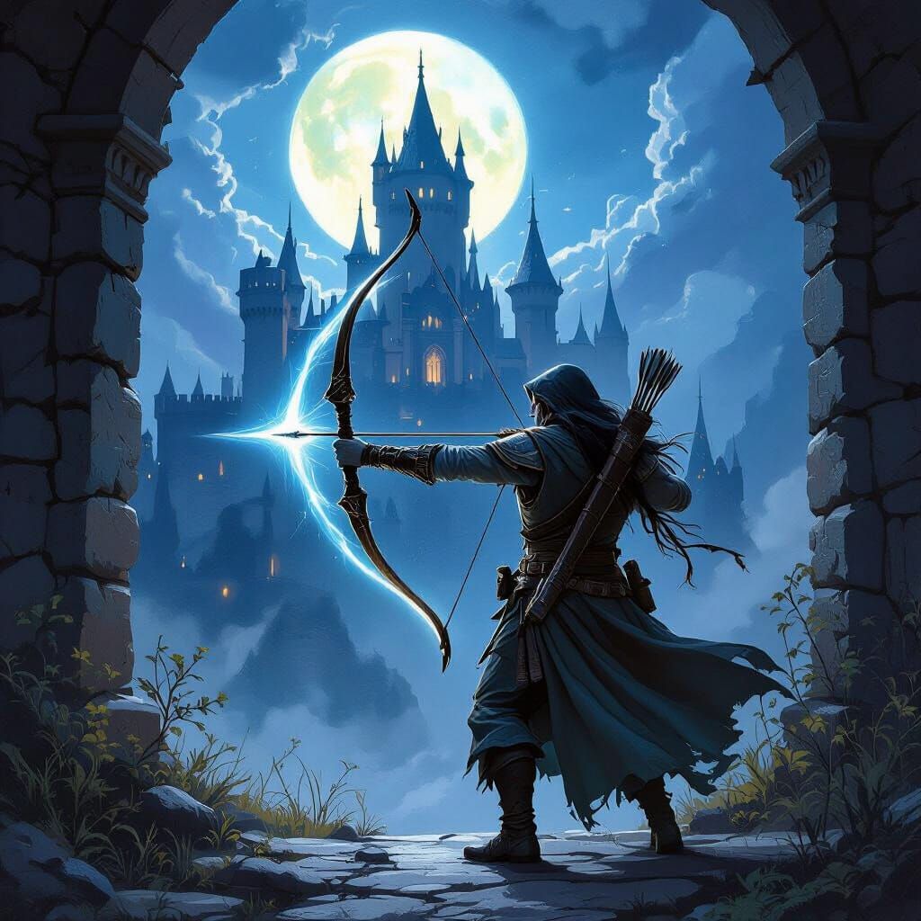 Fantasy Ranger Cleric Draws Glimmering Moonbow Near Castle