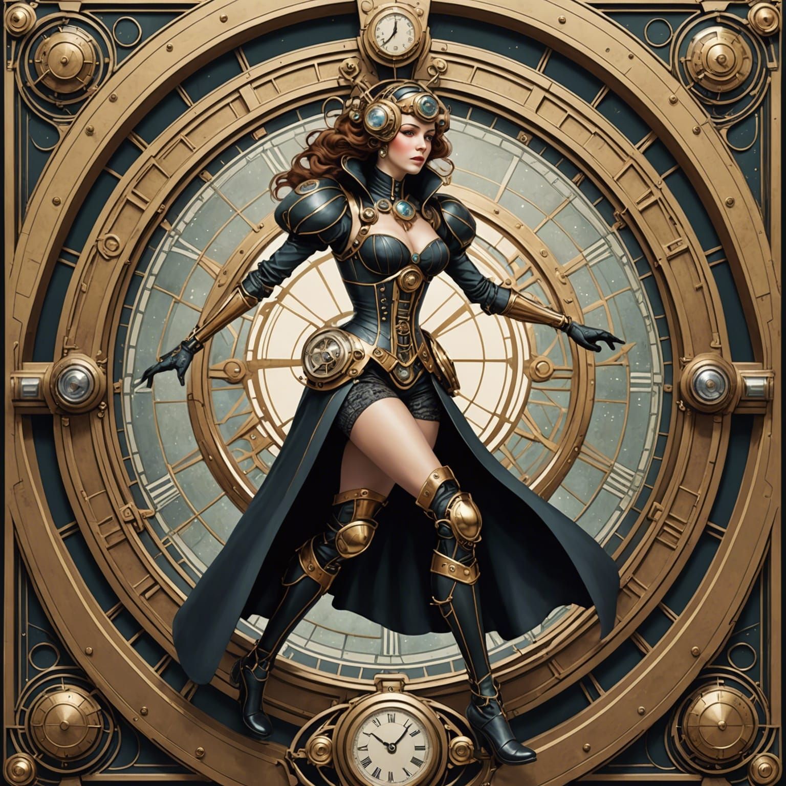 Steampunk Android in Art Deco Style Bending Time