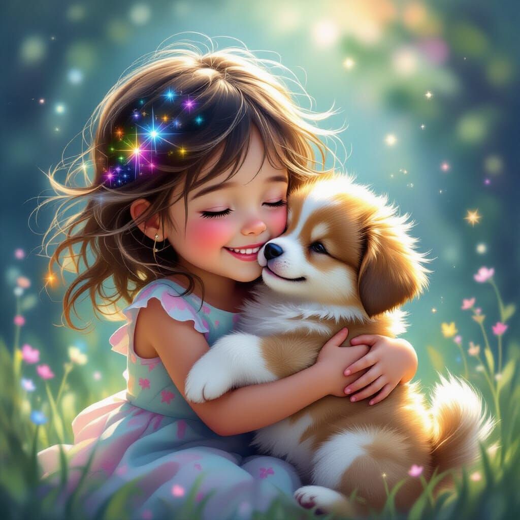 Astral Girl Hugs Puppy With Stardust Hair