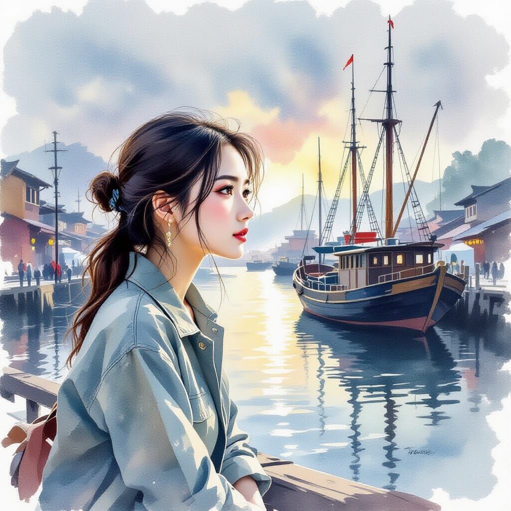Young Asian Woman Gazes at Old Fishing Port in Realistic Wat...