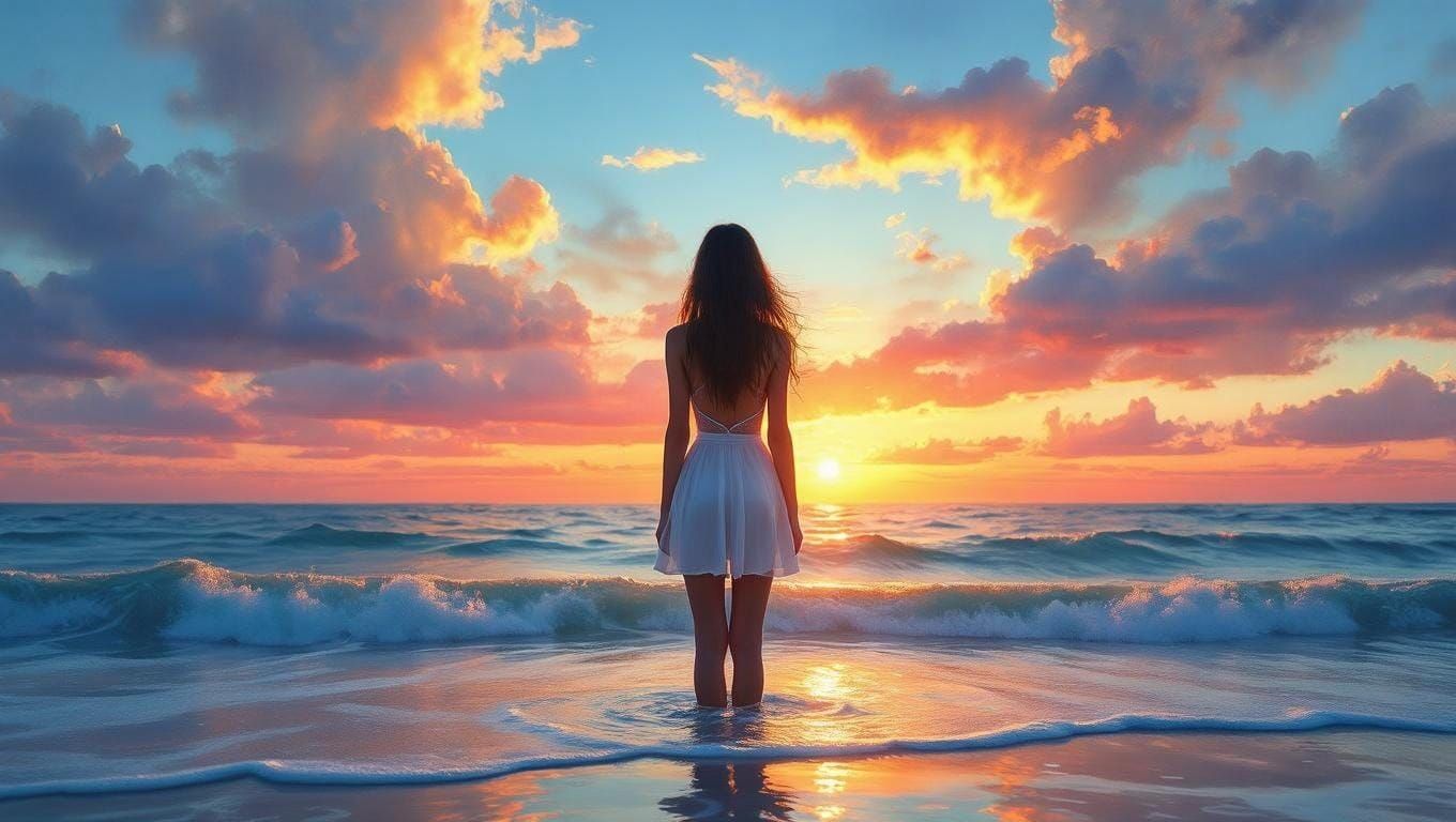 Girl at Sunset with Watercolor Sky, Thick Paint