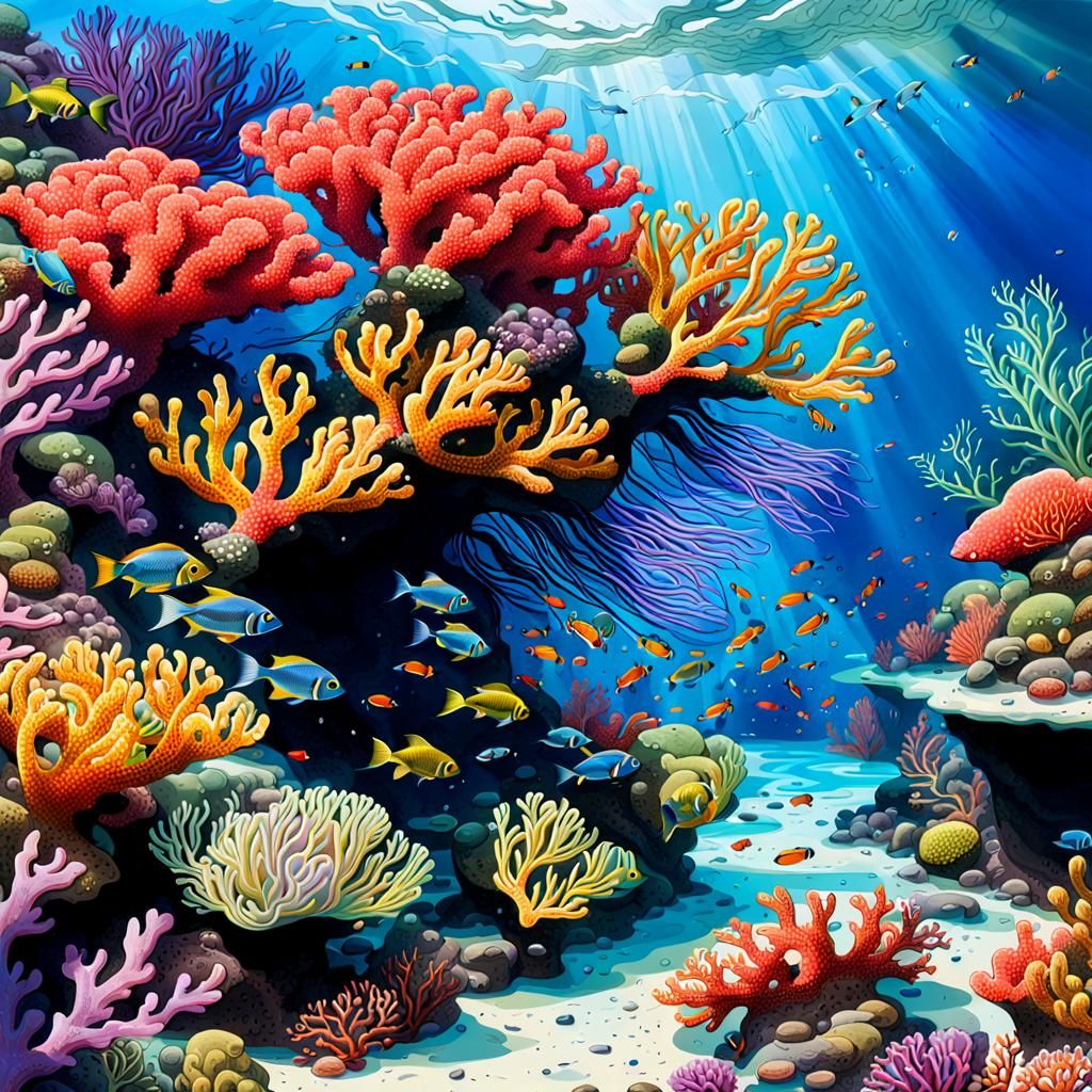 a colorful coral reef with small vibrantly colored fish swimming around, small strands of seaweed gently flowing in the ...