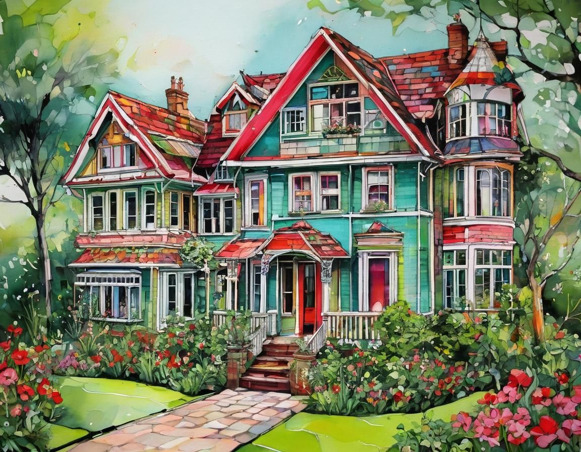Whimsical House in Mixed Media Style