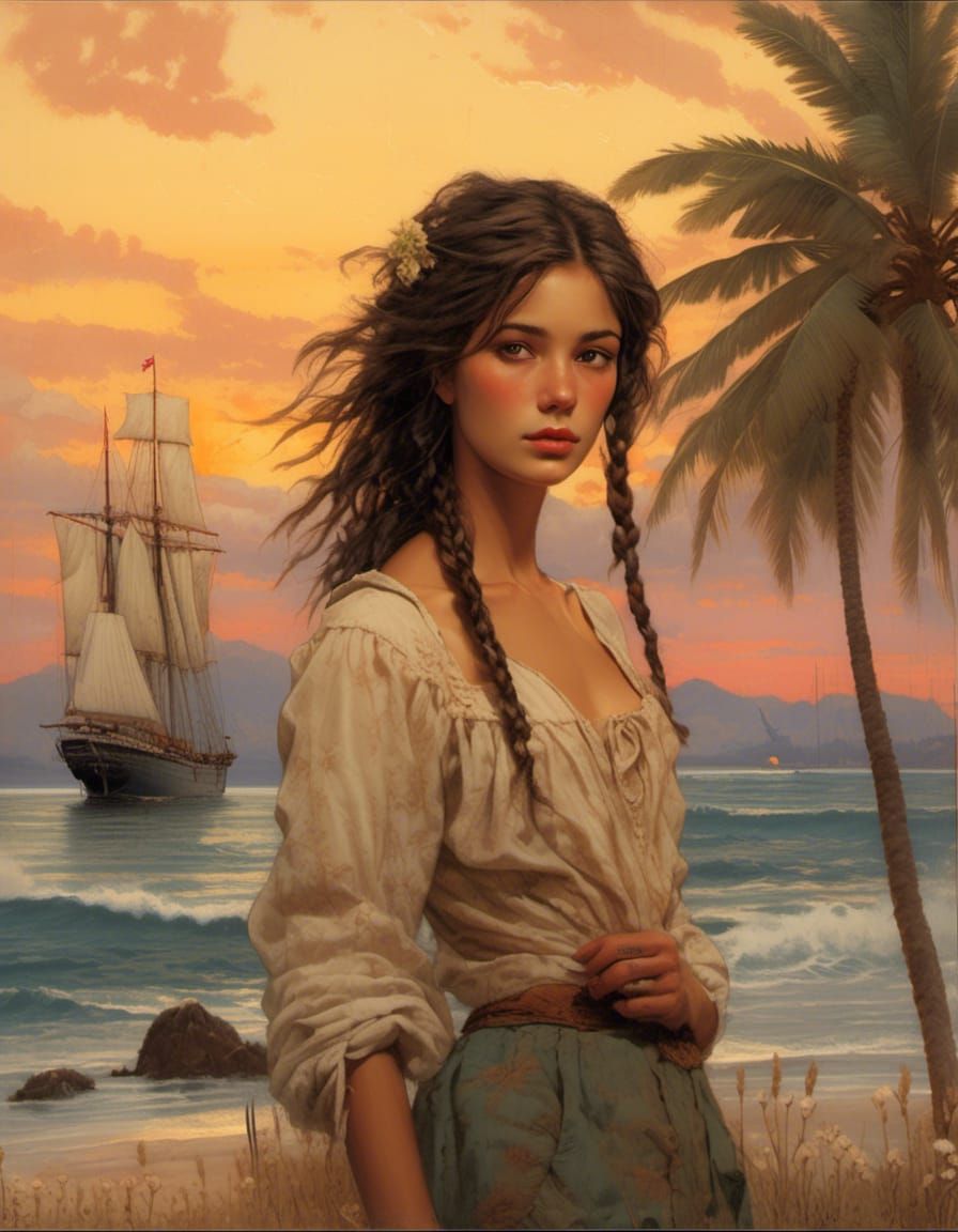 Schooner Hesperus Book Cover: Girl on Beach