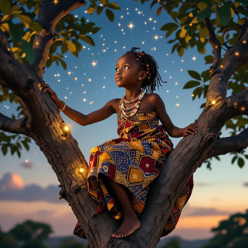 African Girl Ascends Starry Tree in Digital Matte Painting