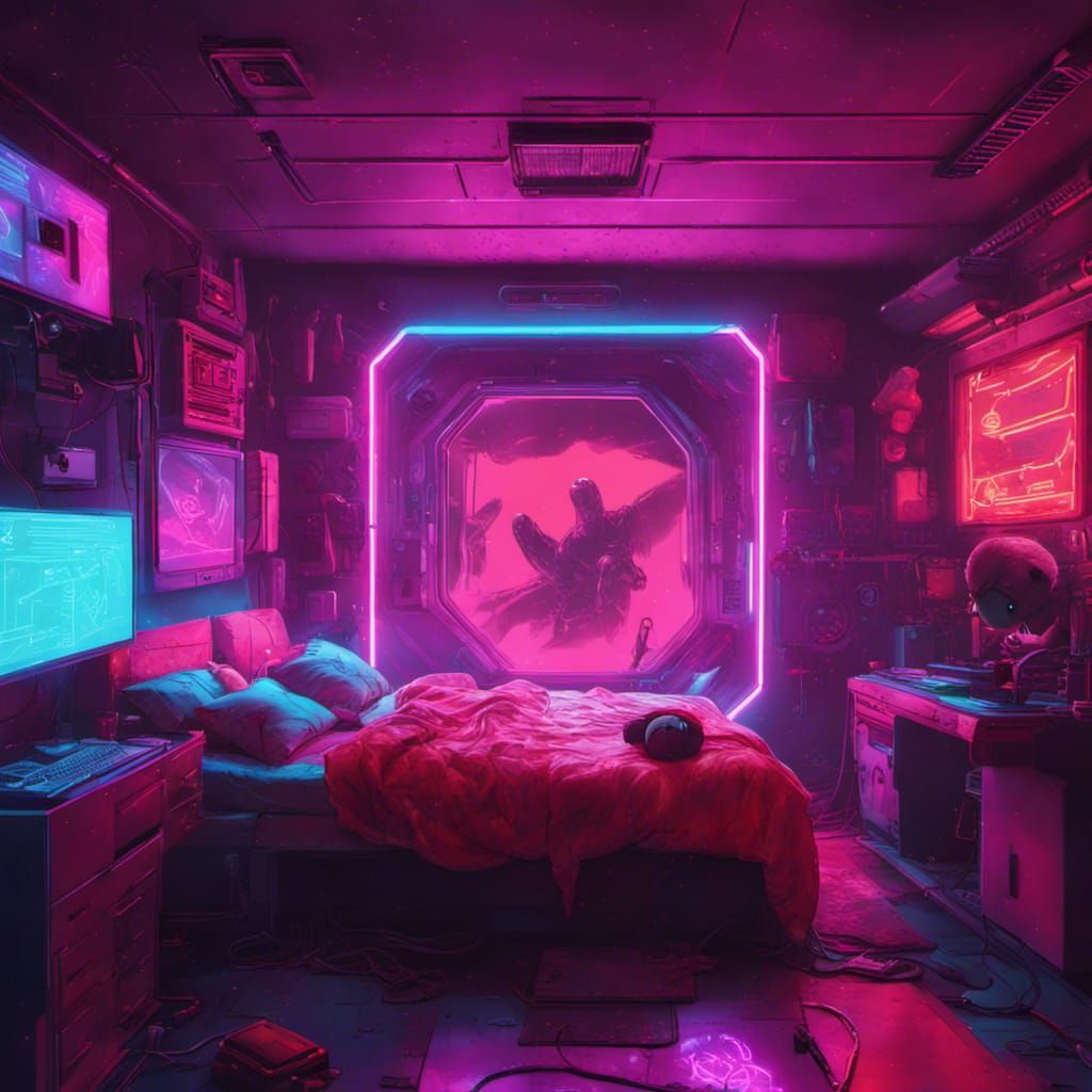 Cyberpunk Dream Bedroom in Space with Neon Lighting