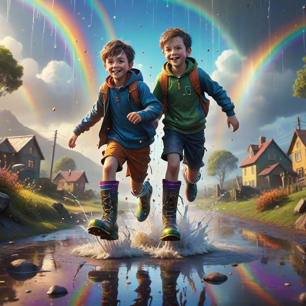 Boy Jumps in Puddles Under Rainbow, Fantasy Concept Art