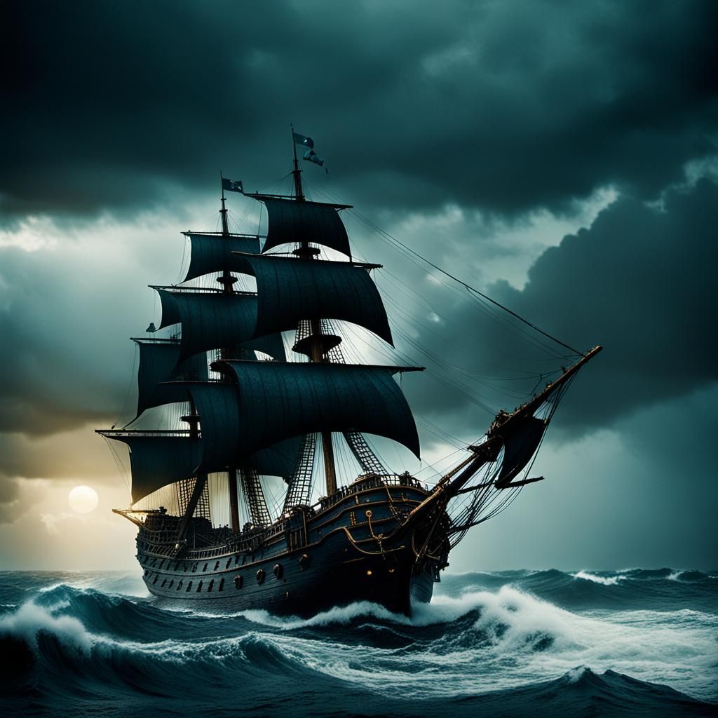 Black Pearl Sails Stormy Seas: Cinematic Film Still