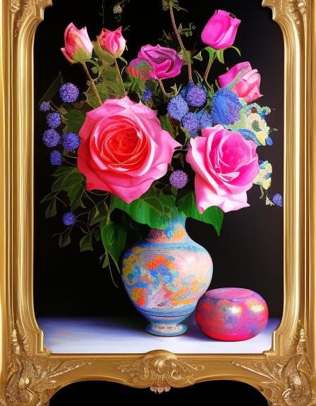 Rose Bouquet in Cloisonne Vase, Surrealist Painting