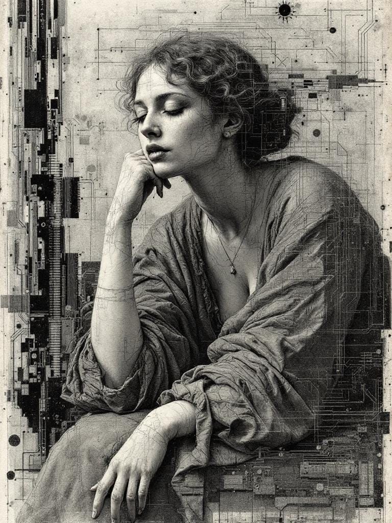 Neoclassical Figure Amidst Circuit Board Decay