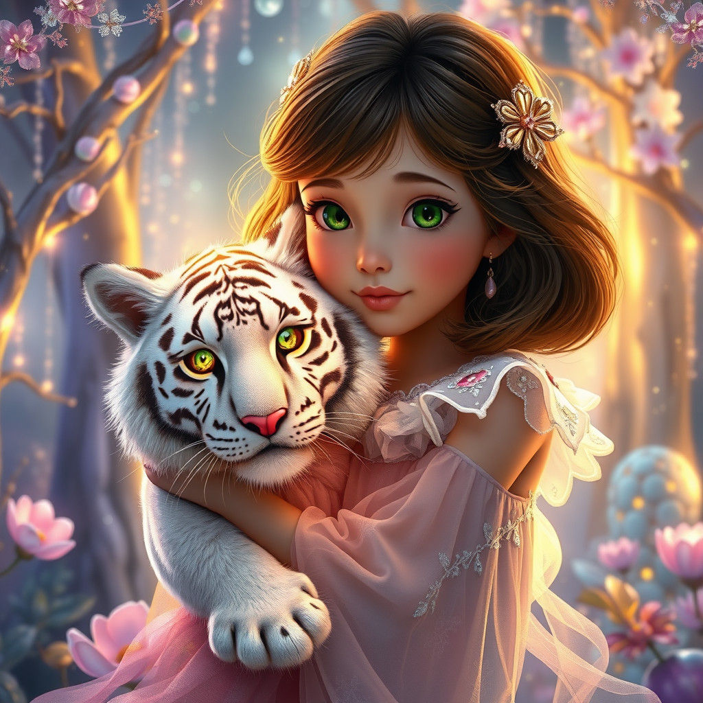 Girl with Tiger Cub in Candy Forest