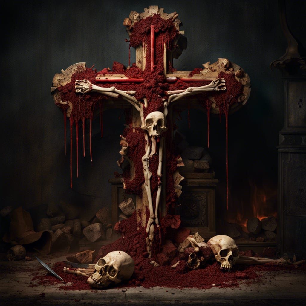 Hyperrealistic Cross of Bones and Rotting Meat