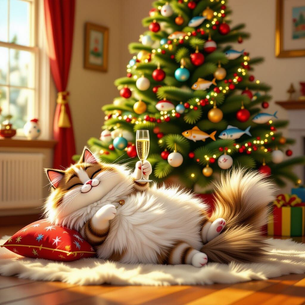 Fat Cat Celebrates Christmas by a Fish Tree
