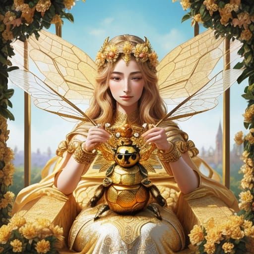 Honey Bee Goddess on Honeycomb Throne, Fantasy Illustration