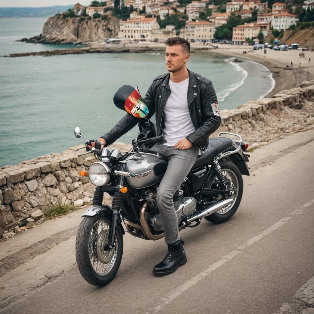 Man on Triumph Bonneville in Italian Coastal City