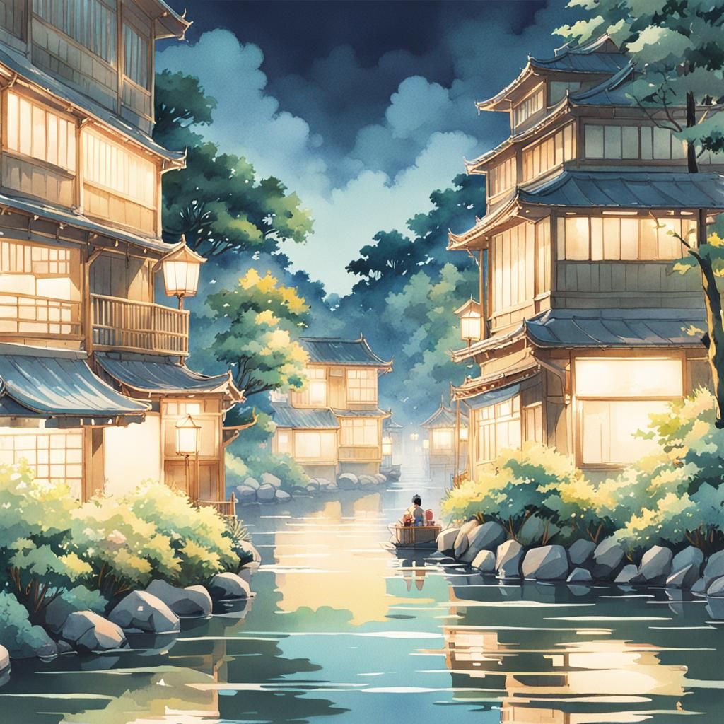 Night River Walk: Japanese Watercolor Anime Art