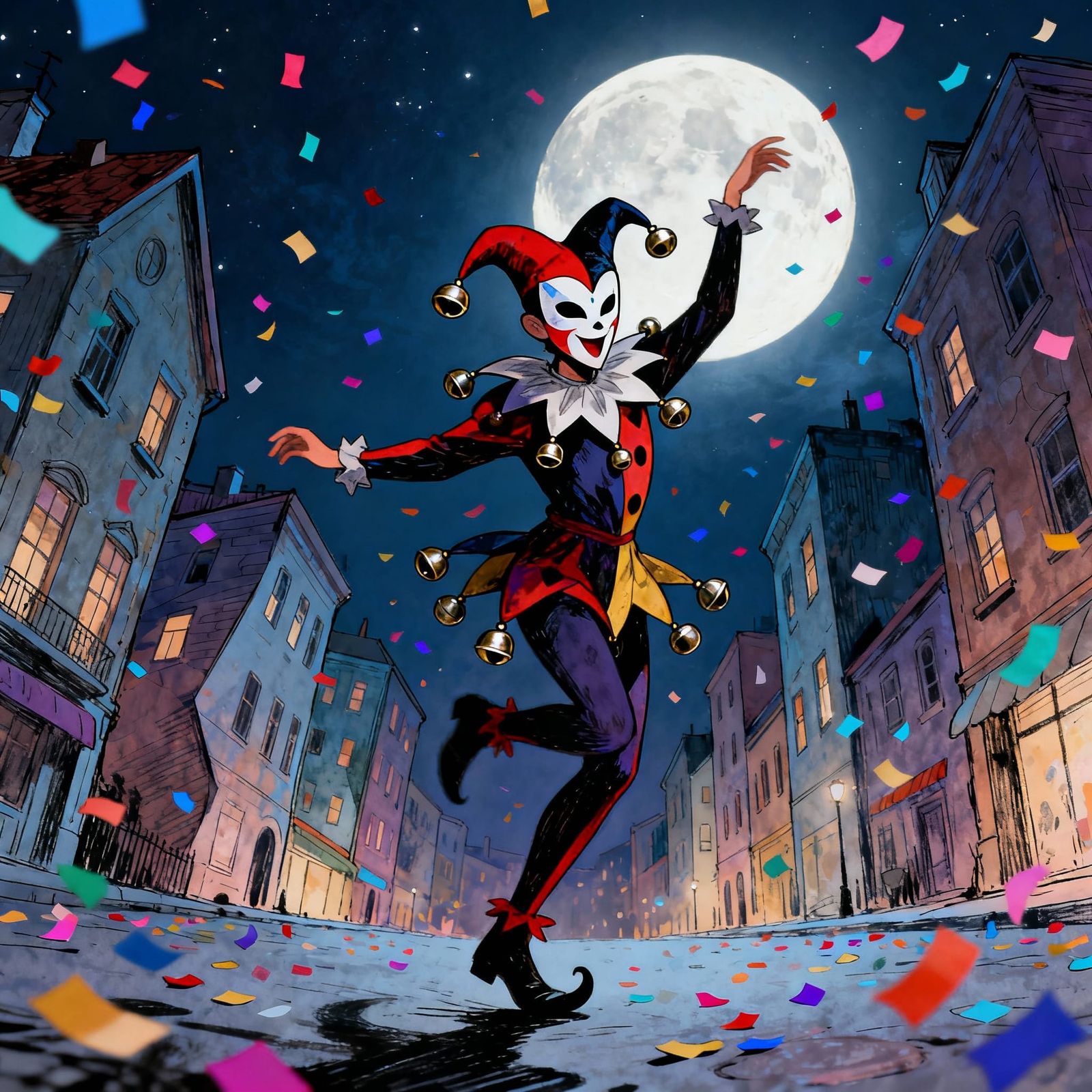 Mischievous Jester Dances in Moonlit Cityscape