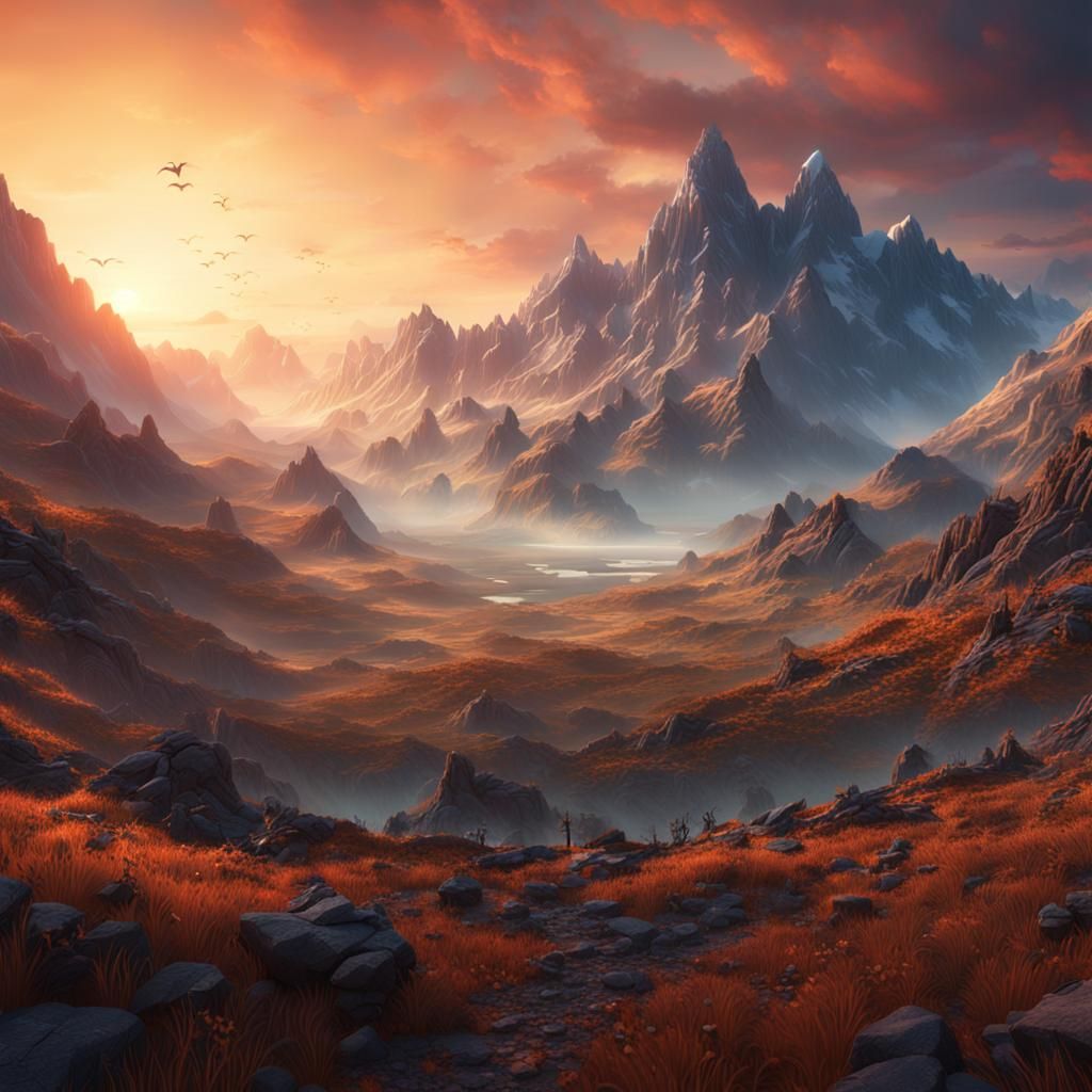Spectacular Sunrise Over Mountains: Fantasy Concept Art