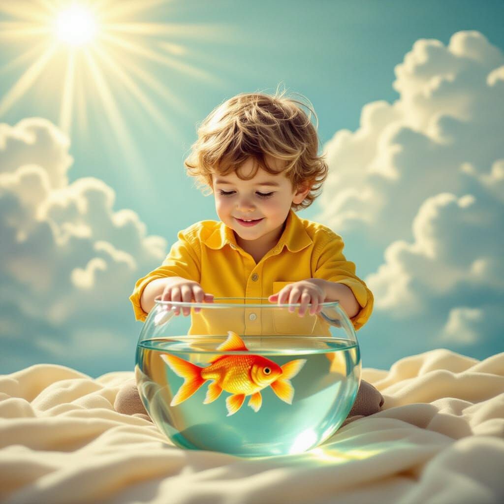 Boy in Fishbowl with Goldfish, Whimsical Illustration