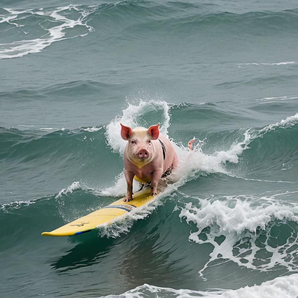 Pig Surfing in the Ocean