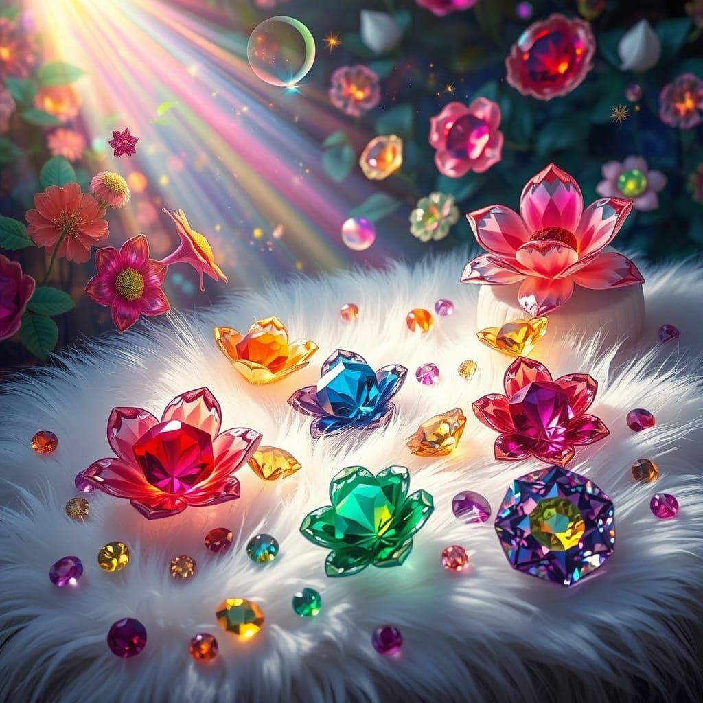 Crystal Gems in Vibrant Bloom Amidst Soft White Fur