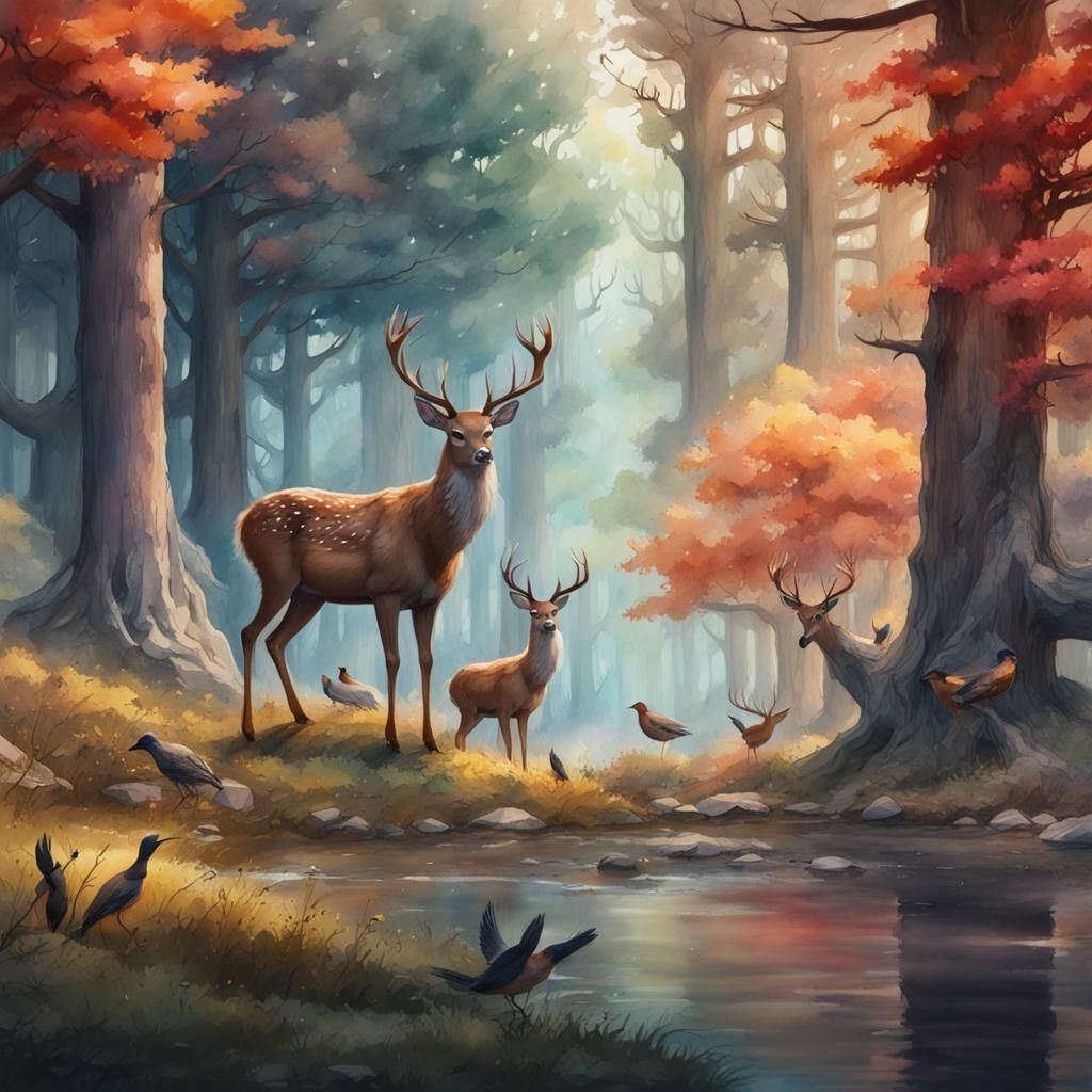 Watercolor Forest Landscape with Deer and Birds