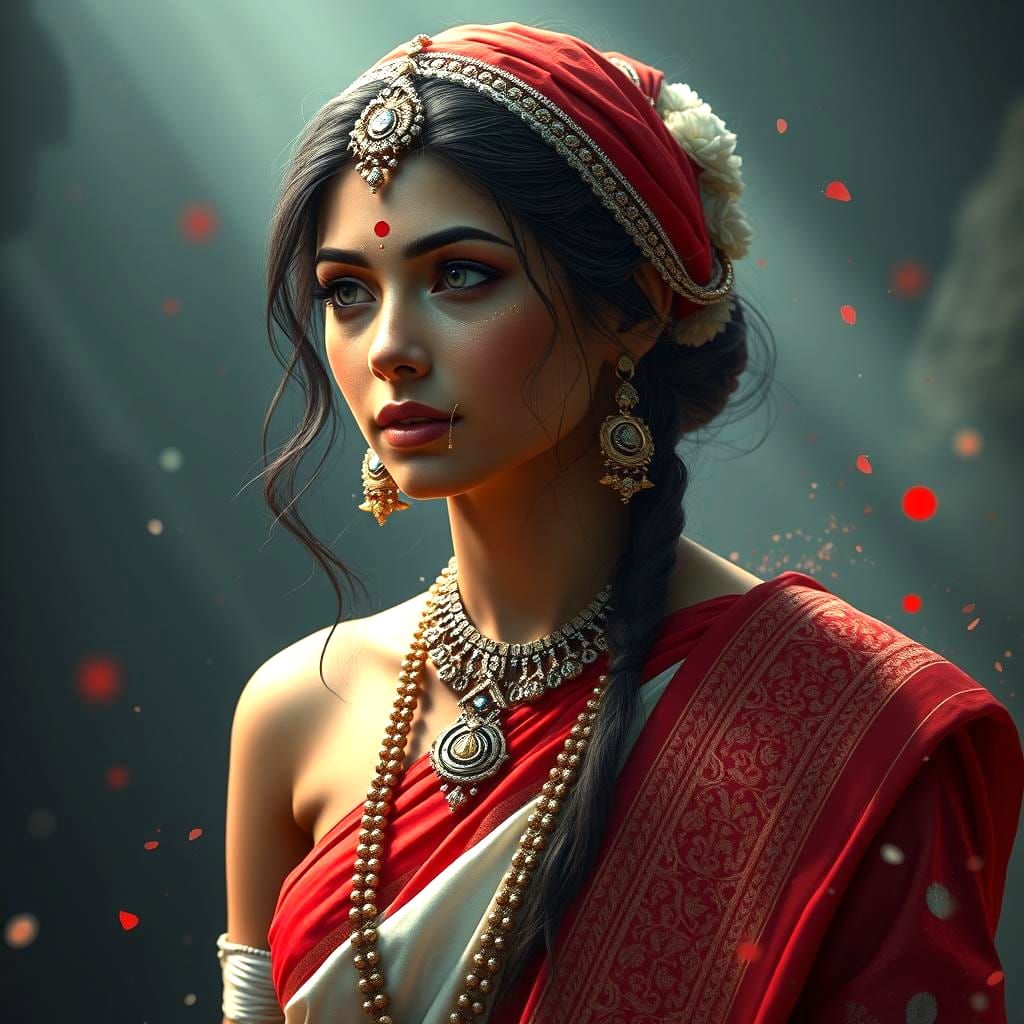 Beautiful Indian Woman in Red and White Sari