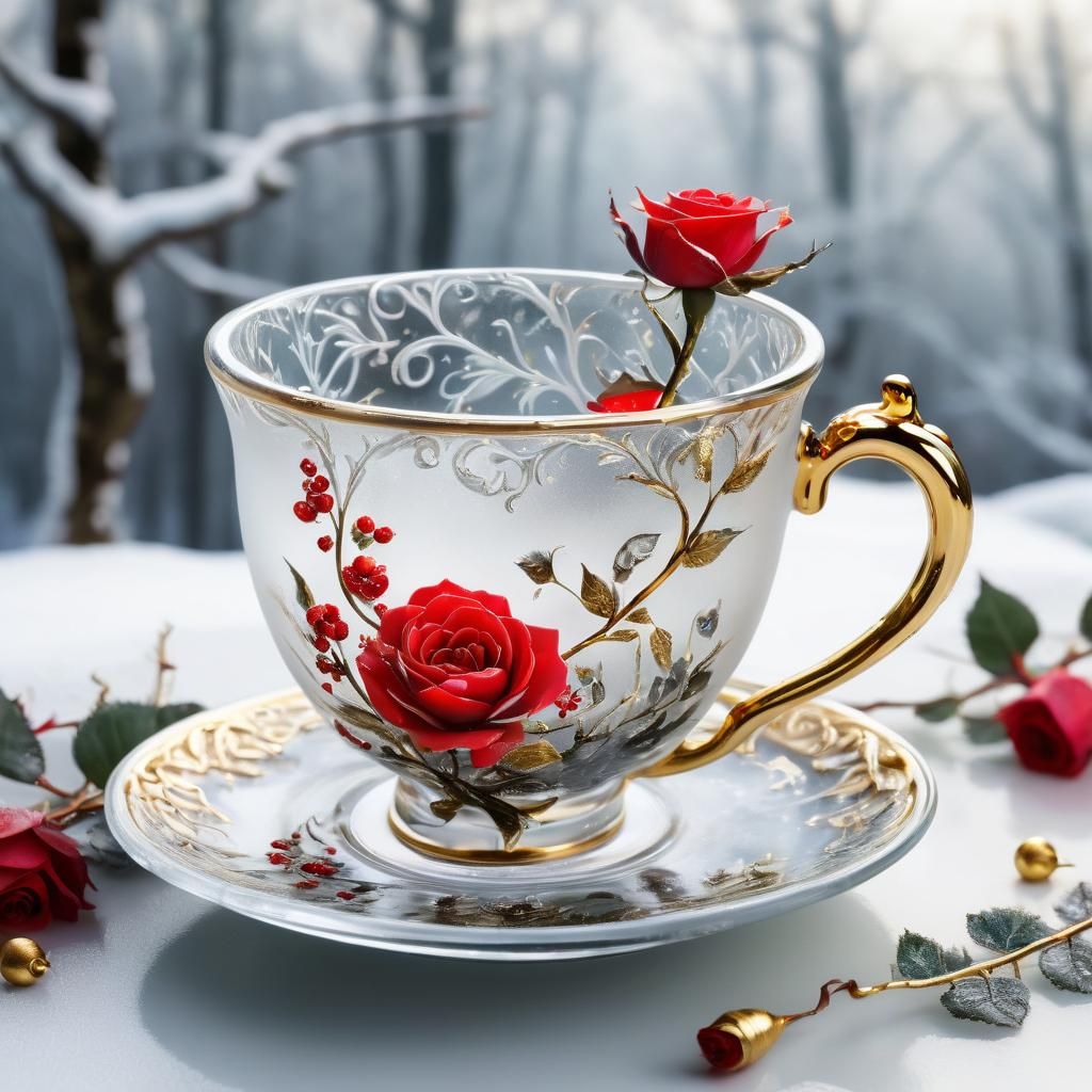 Fairy on Frosty Teacup in Winter Forest: Watercolor