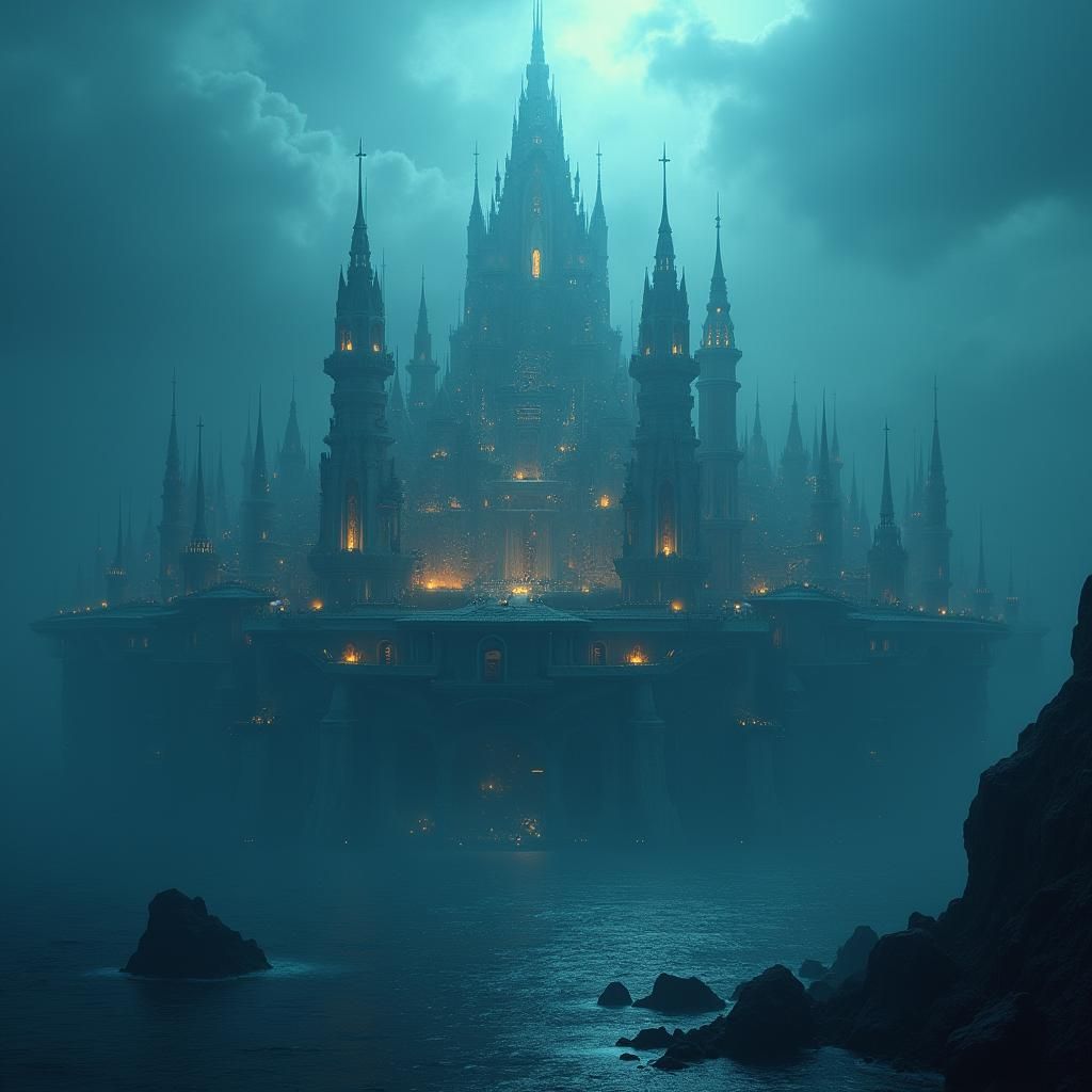 Submerged Metropolis: Iridescent Spires in a Cerulean Ocean