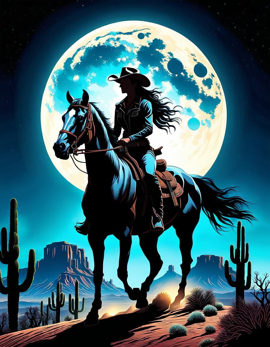 Cowgirl Silhouette in Psychedelic Wild West Style