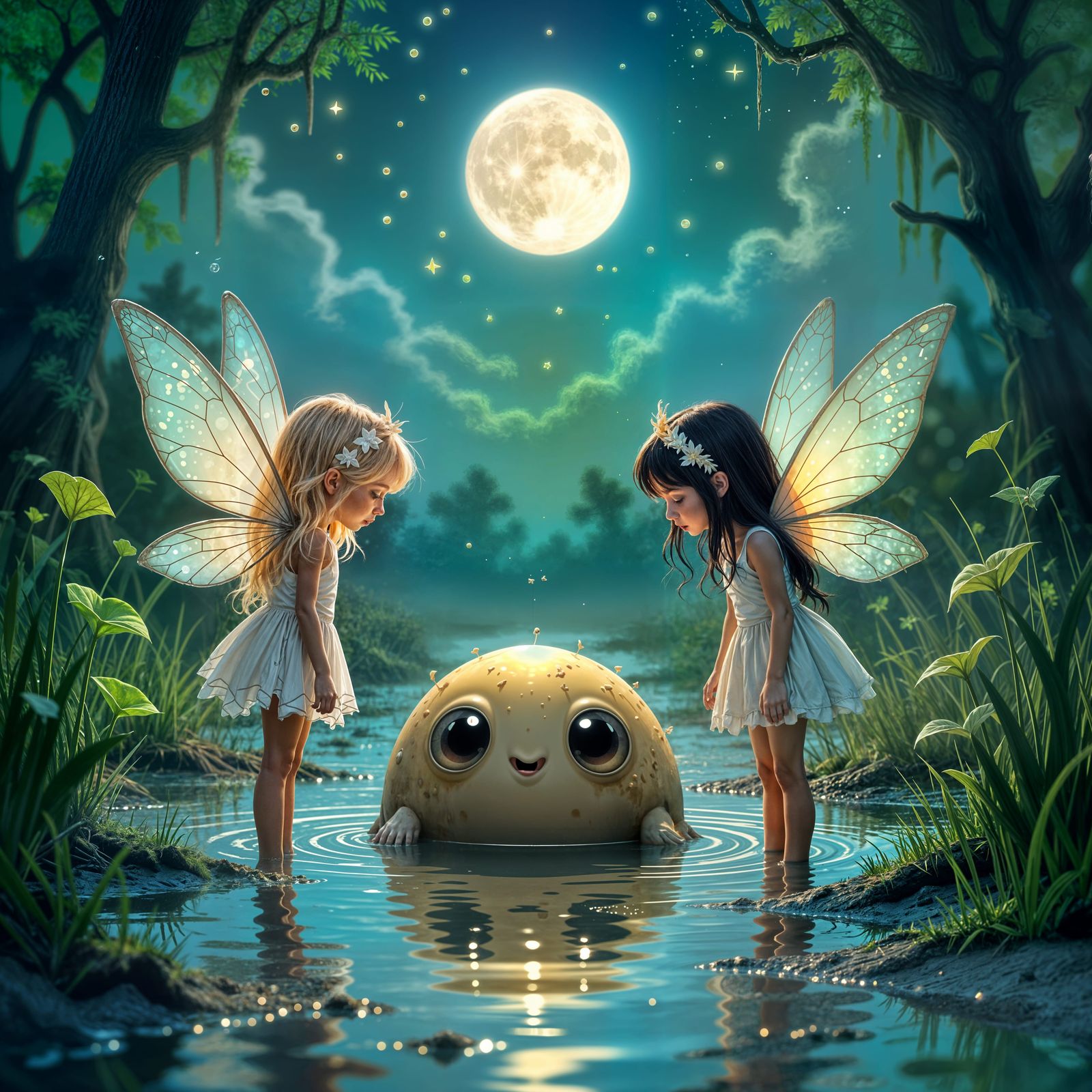 Fairy Girls Encounter Swamp Creature Under Starry Sky