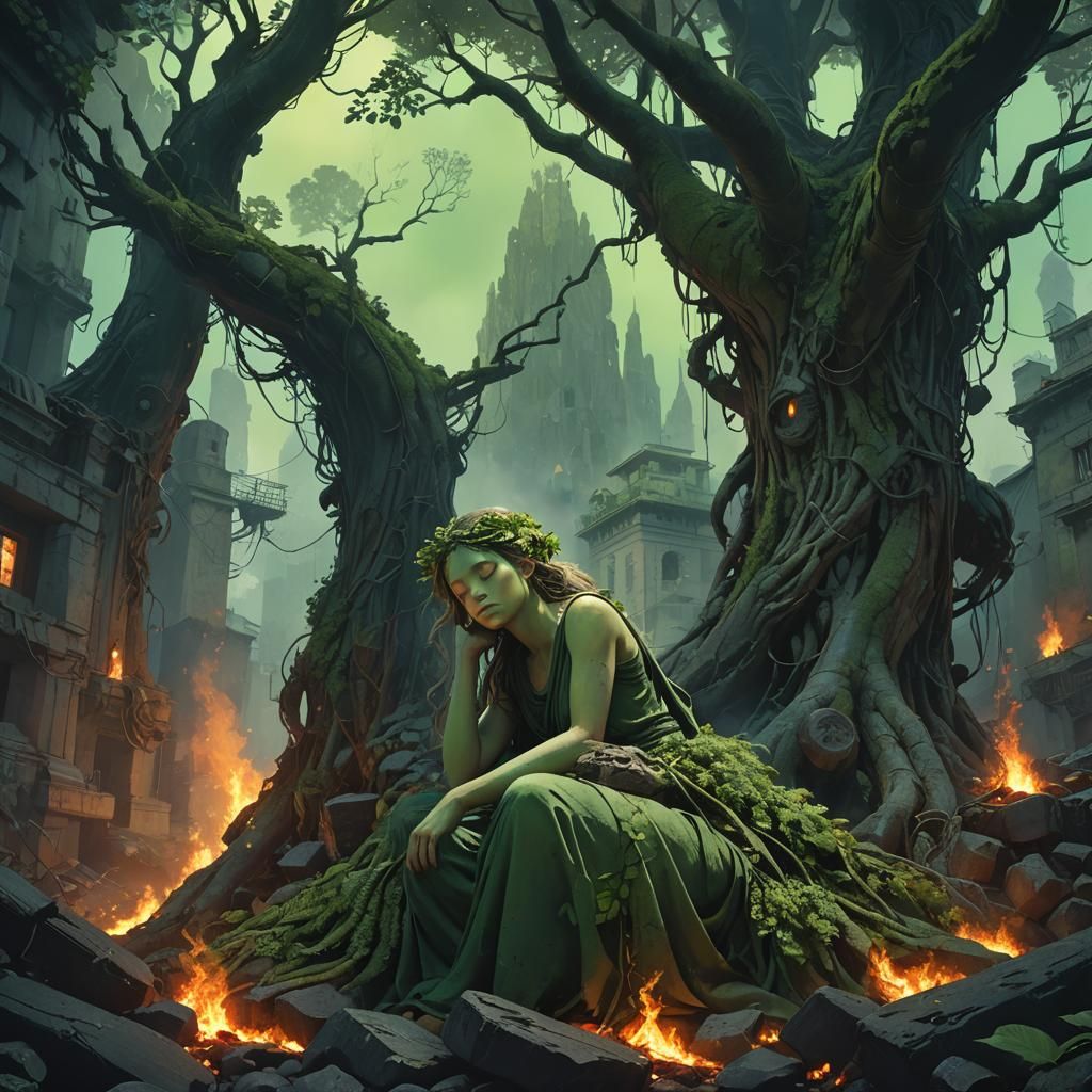 Tree Goddess Sleeping in Green Fire City