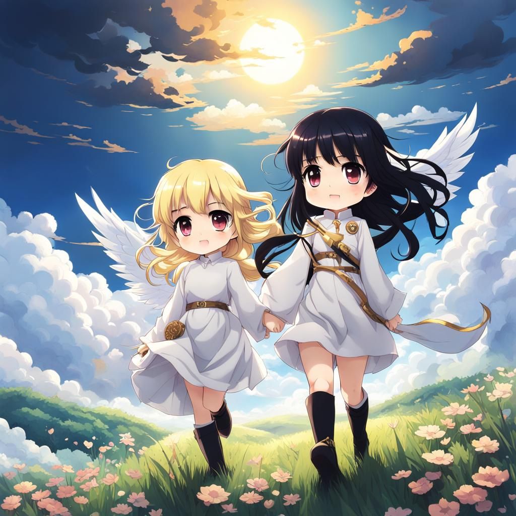 Chibi Girls Explore Clouds in Anime Style