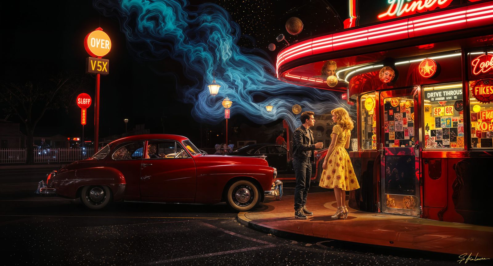Surreal 1950s Diner Scene with Roller Skaters