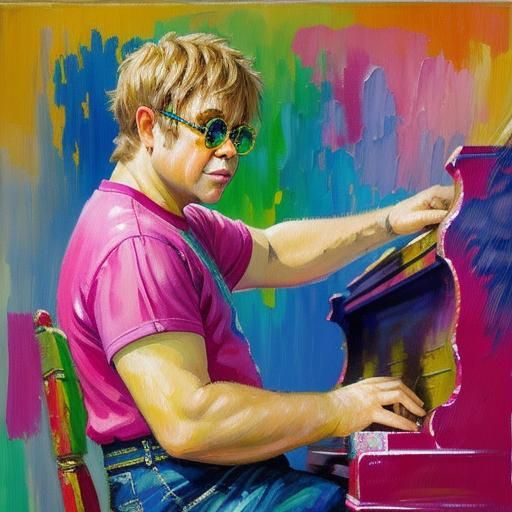 Elton John at Piano: Neo-Impressionist Oil Painting