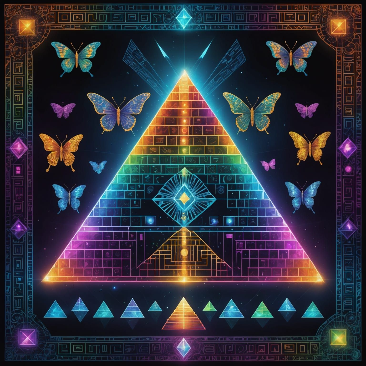 Iridescent Hologram Pyramid with Celestial Landscape