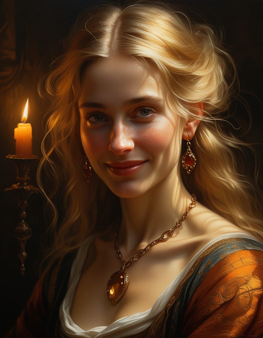 Ethereal Renaissance Woman in Golden Candlelight