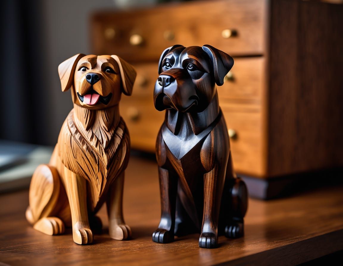Wooden Figurines: Woman and Dog on Dresser