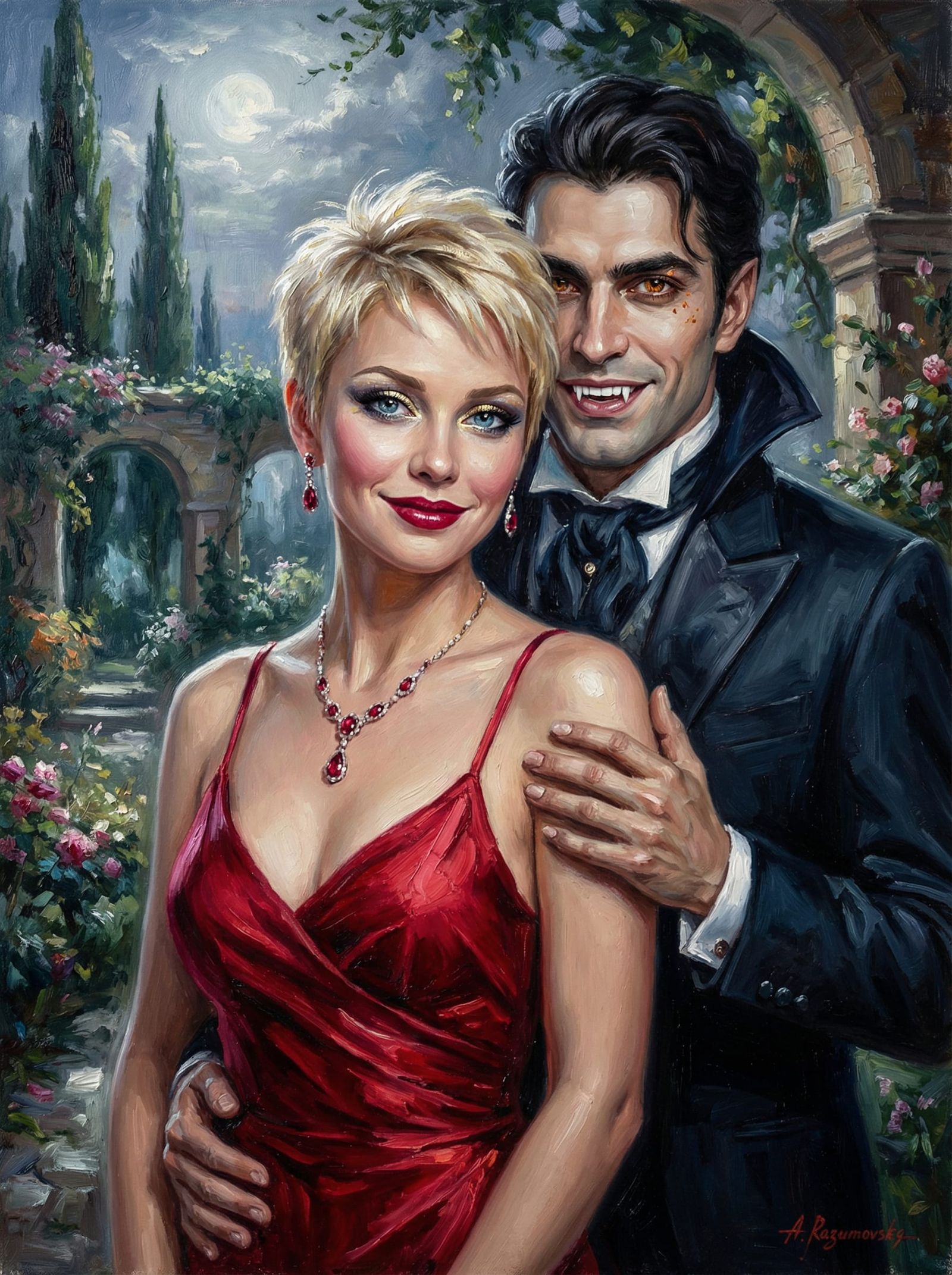 Woman and Vampire in Moonlit Tuscan Garden