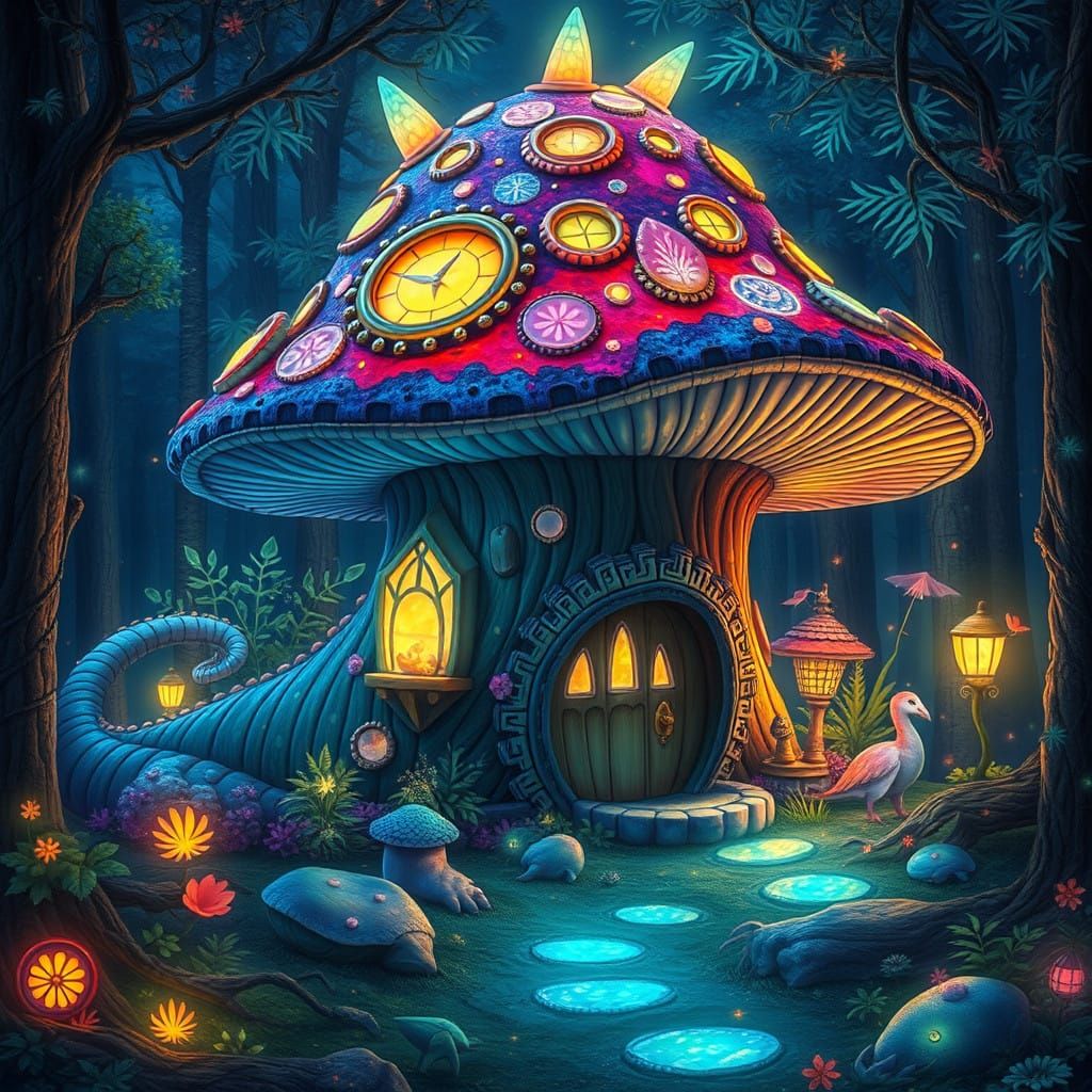 Enchanted Dinosaur Mushroom House in a Vibrant Bioluminescen...