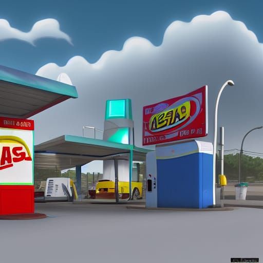 Abandoned Gas Station in Pixar Style 3D Art