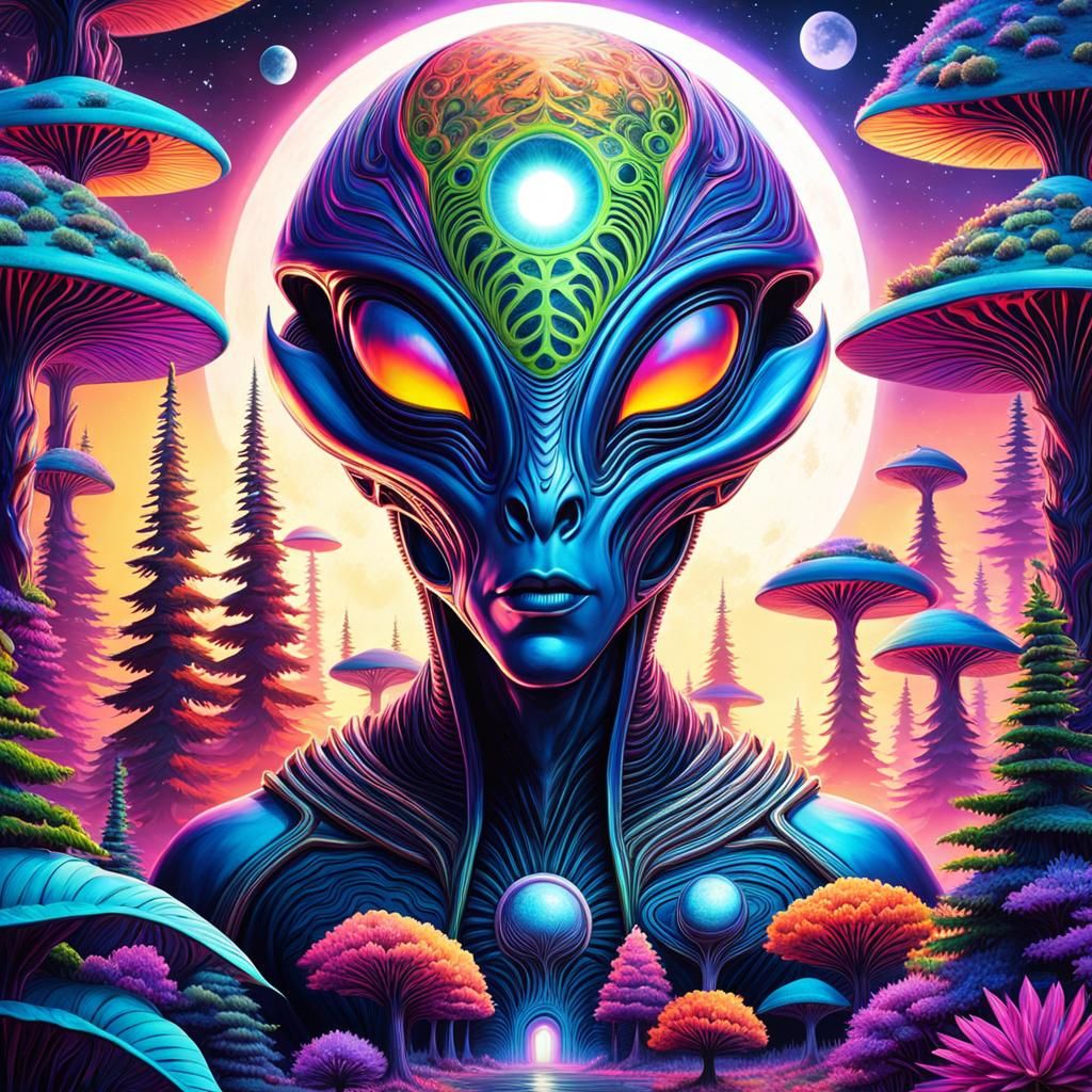 Hyperrealistic Alien in Psychedelic Mirrored World