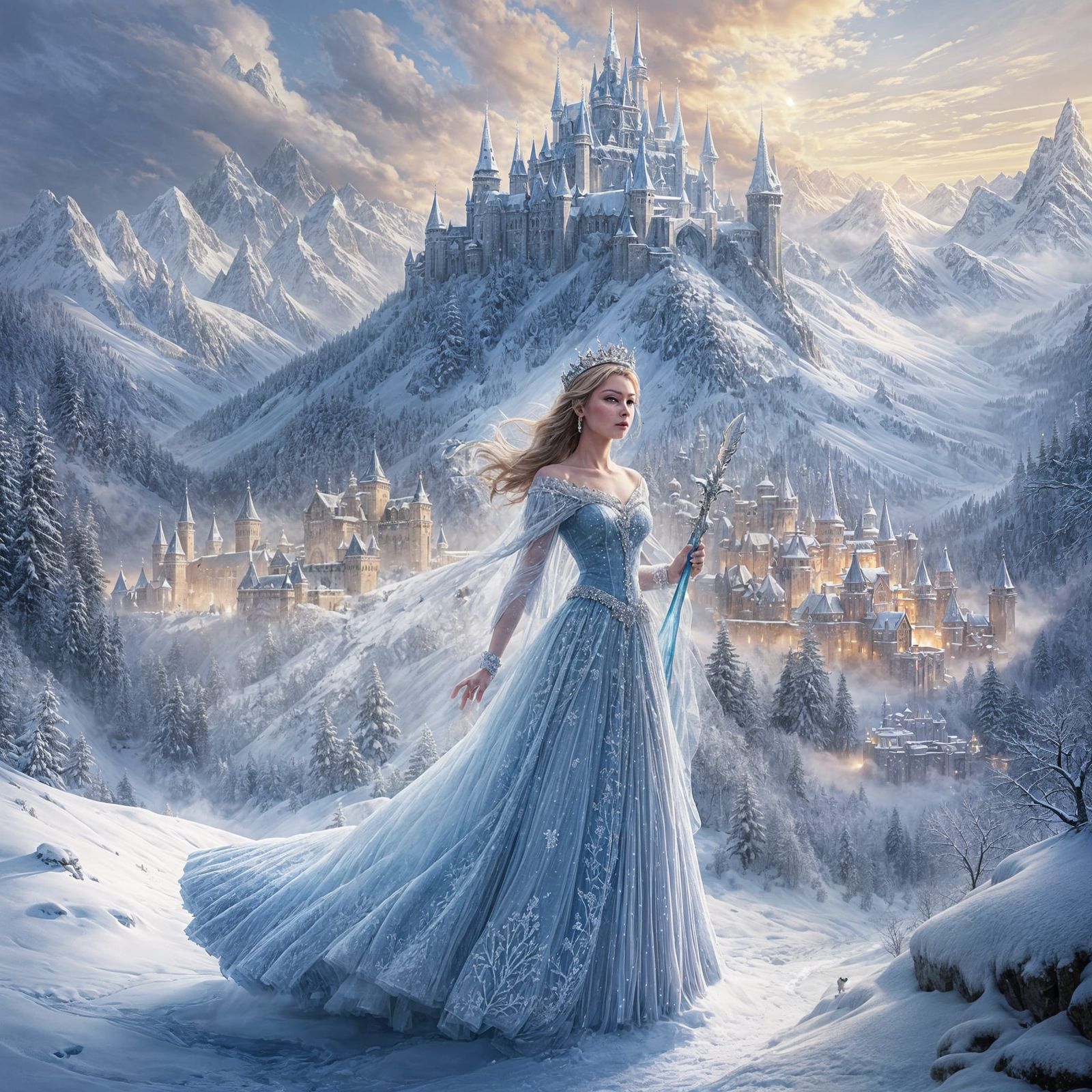 Ethereal Snow Queen in a Frosty Fantasy World