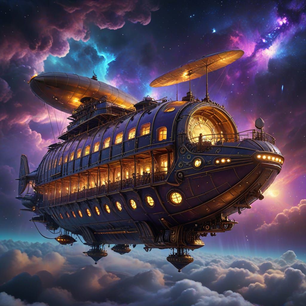 Steampunk Airship Navigates Cosmic Nebula in Digital Art