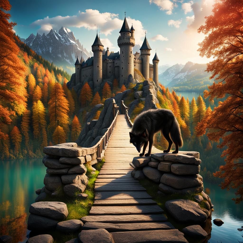 Epic Medieval Castle with Wolf on Bridge