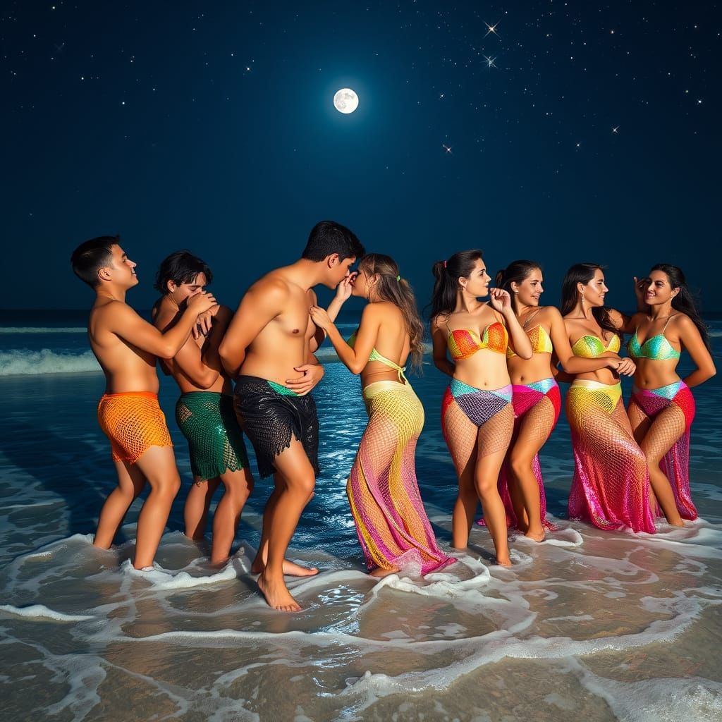 Moonlit Beach Dance in Vibrant Swimwear and Metallic Bikinis